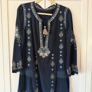 Calypso St. Barth Embroidered Boho Tunic Dress - Navy Silk Blend Tassel Tie